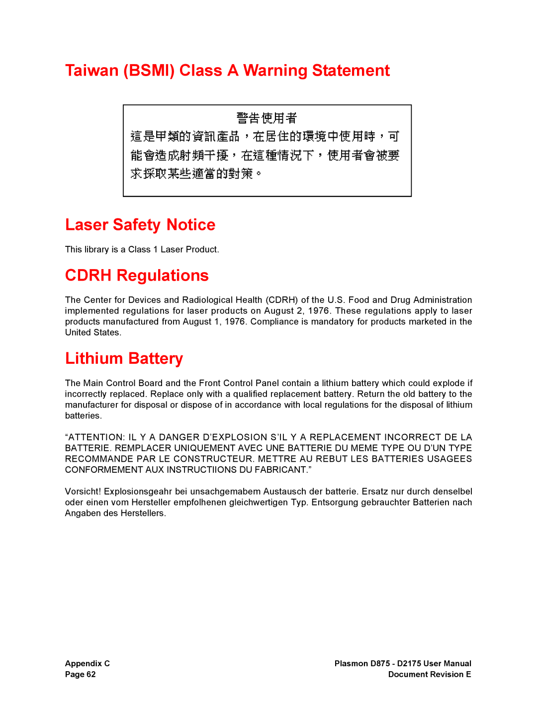 Plasmon D2175, D875 user manual Taiwan Bsmi Class a Warning Statement Laser Safety Notice, Cdrh Regulations, Lithium Battery 