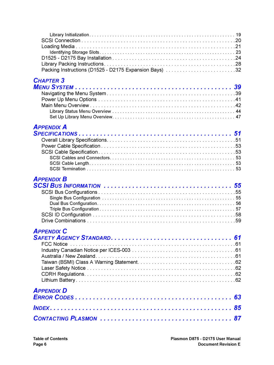 Plasmon D2175, D875 user manual Menu System, Specifications, Scsi BUS Information, Safety Agency Standard 