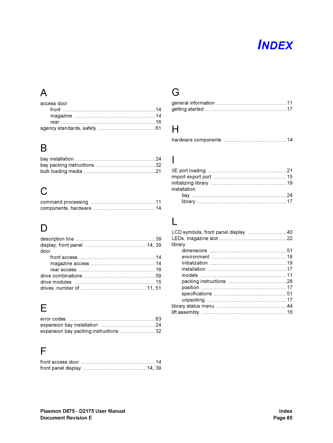 Plasmon D875, D2175 user manual Index, Rear 