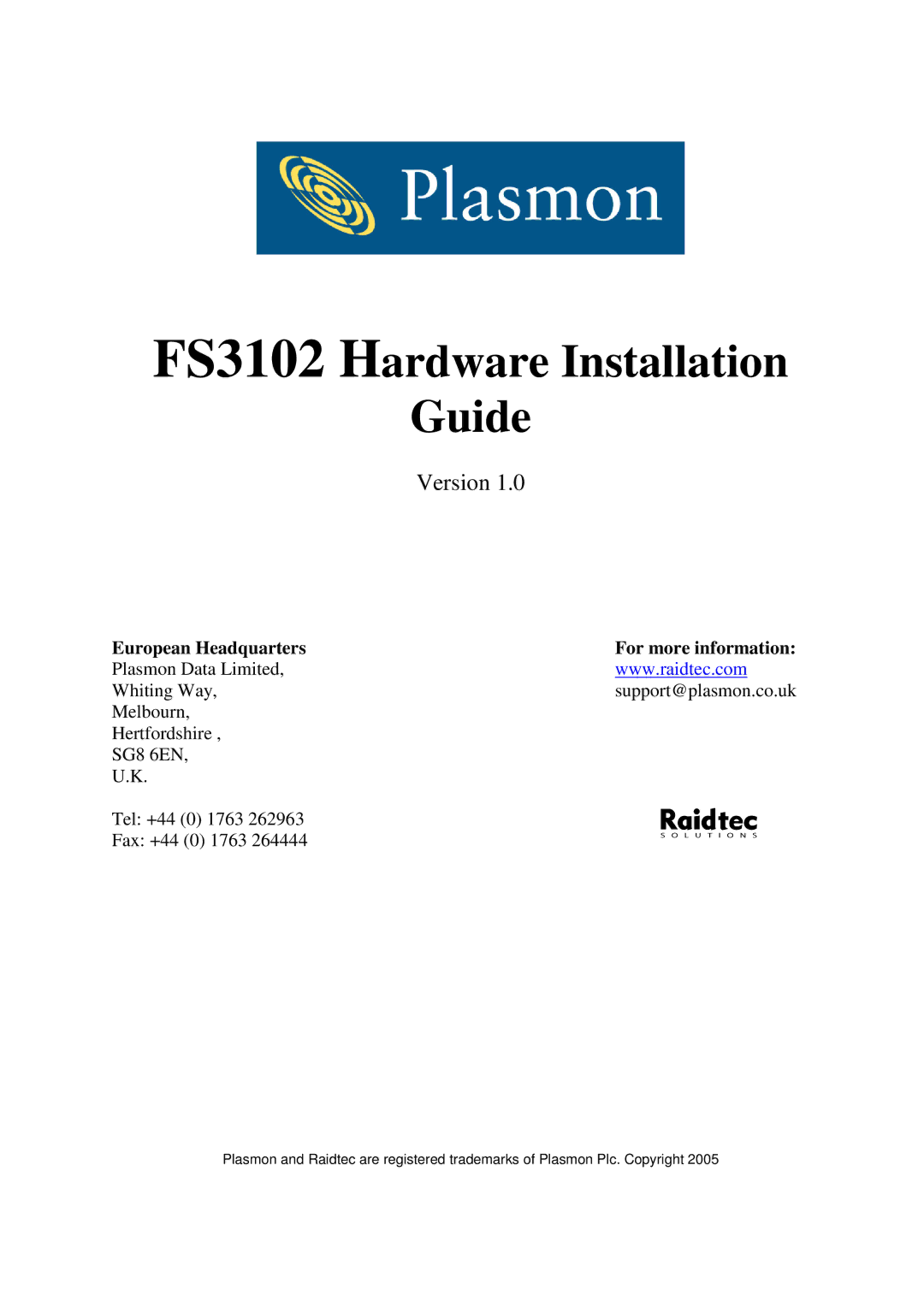 Plasmon manual FS3102 Hardware Installation Guide 