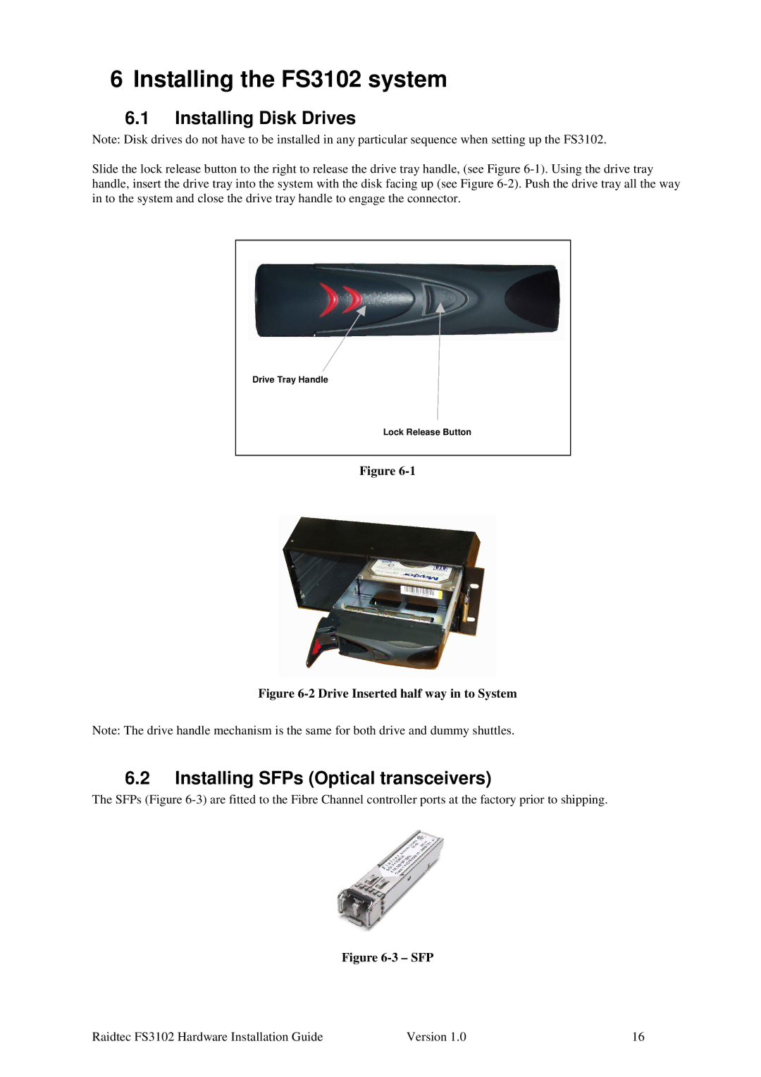 Plasmon manual Installing the FS3102 system, Installing Disk Drives, Installing SFPs Optical transceivers 