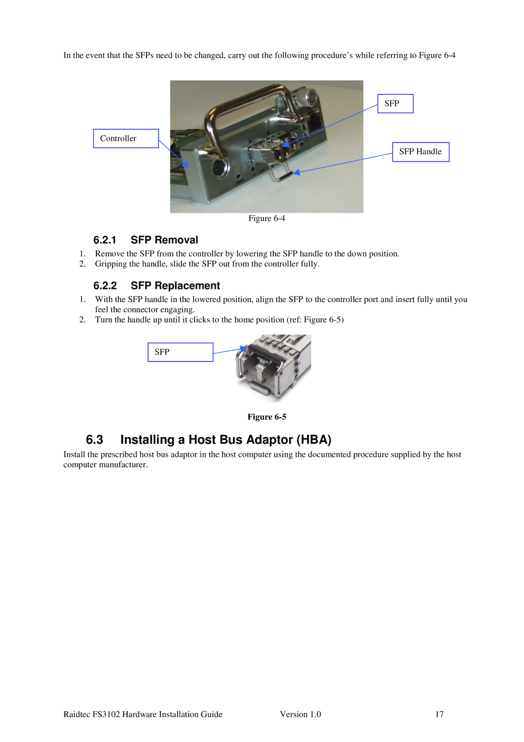 Plasmon FS3102 manual Installing a Host Bus Adaptor HBA, SFP Removal, SFP Replacement 