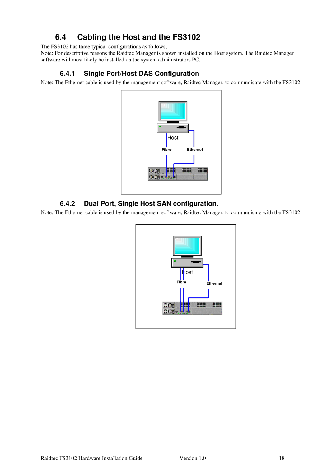 Plasmon Cabling the Host and the FS3102, Single Port/Host DAS Configuration, Dual Port, Single Host SAN configuration 