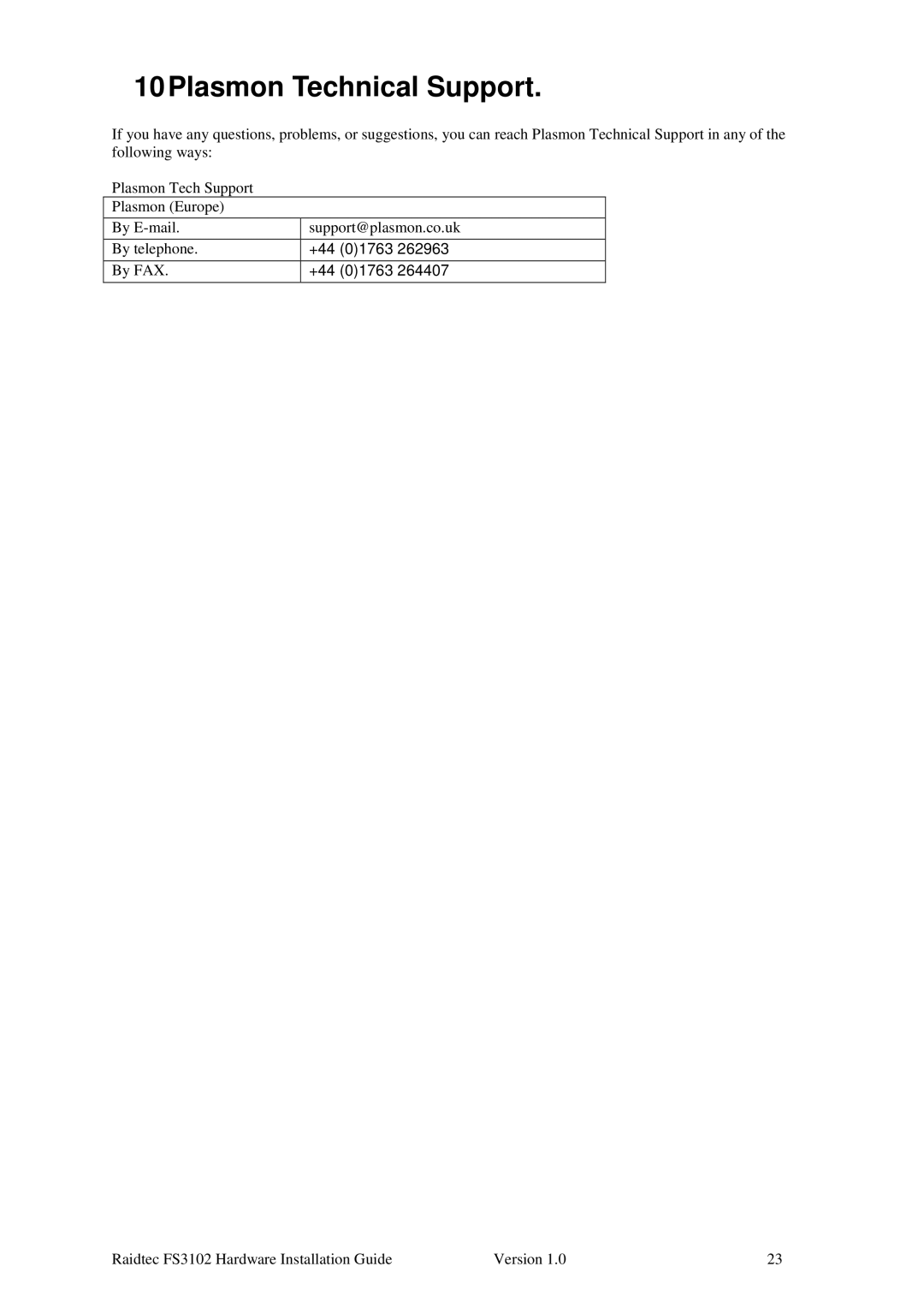 Plasmon FS3102 manual 10Plasmon Technical Support 