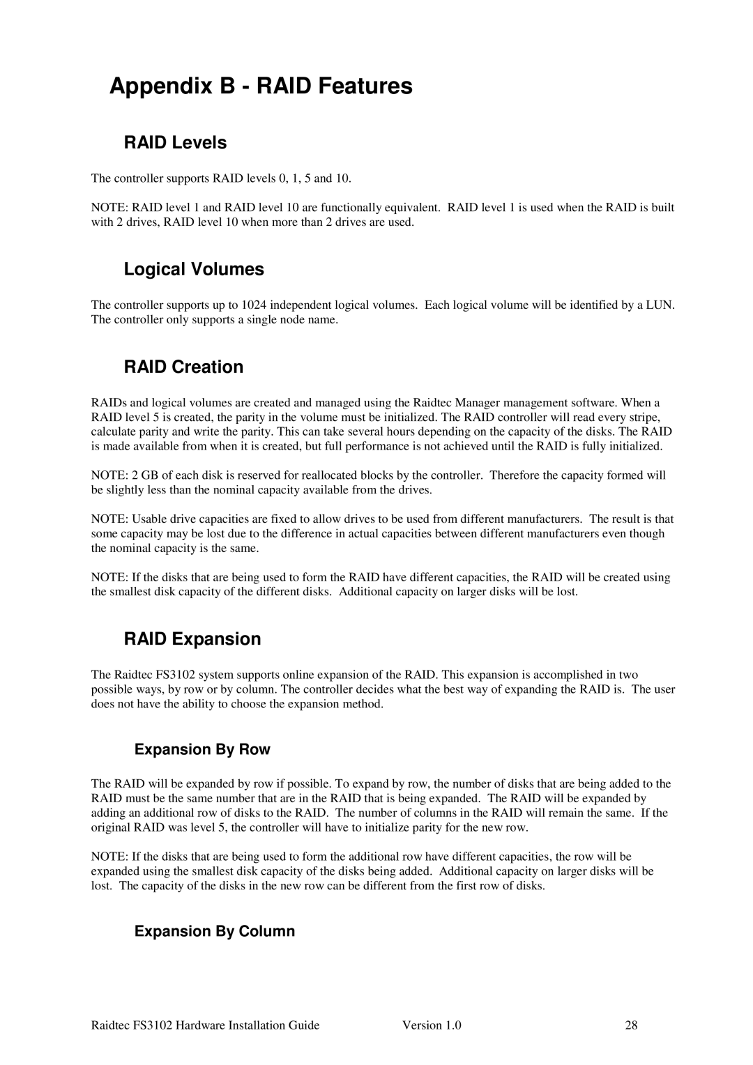 Plasmon FS3102 manual Appendix B RAID Features, RAID Levels, Logical Volumes, RAID Creation, RAID Expansion 