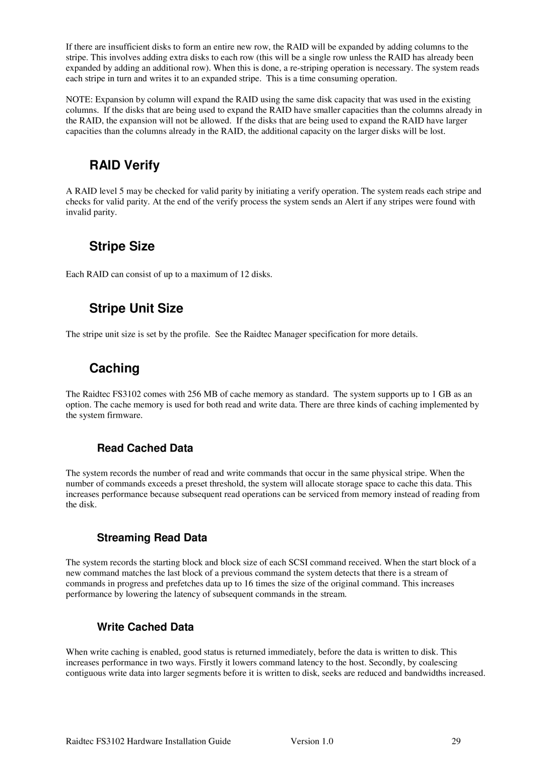 Plasmon FS3102 manual RAID Verify, Stripe Size, Stripe Unit Size, Caching 