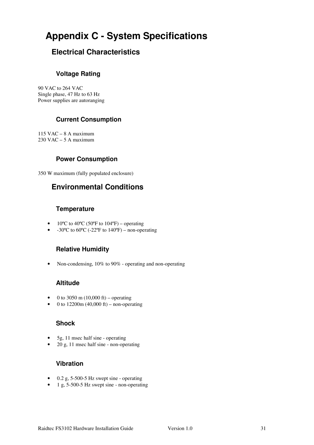 Plasmon FS3102 manual Appendix C System Specifications, Electrical Characteristics, Environmental Conditions 