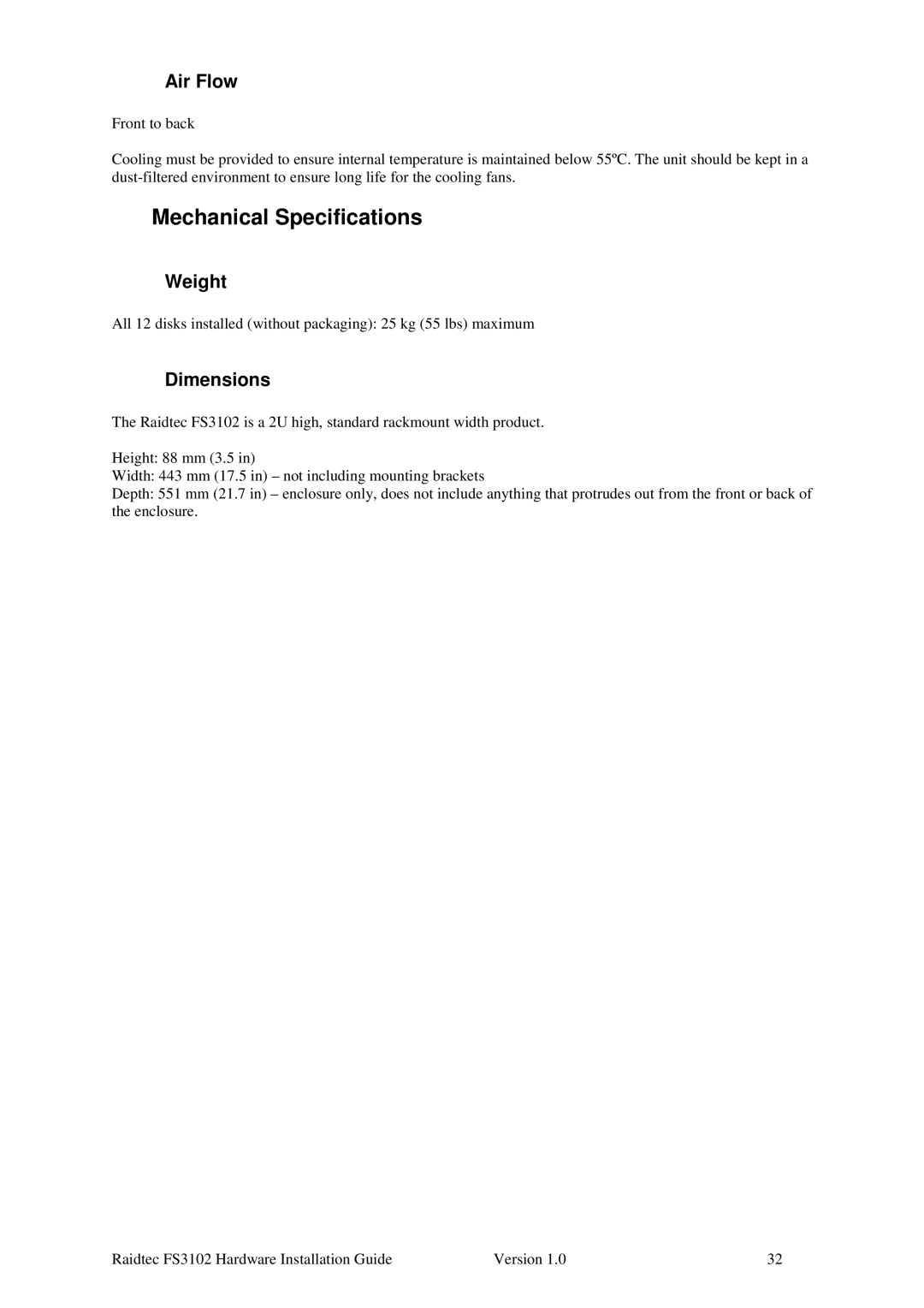 Plasmon FS3102 manual Mechanical Specifications, Air Flow, Weight, Dimensions 