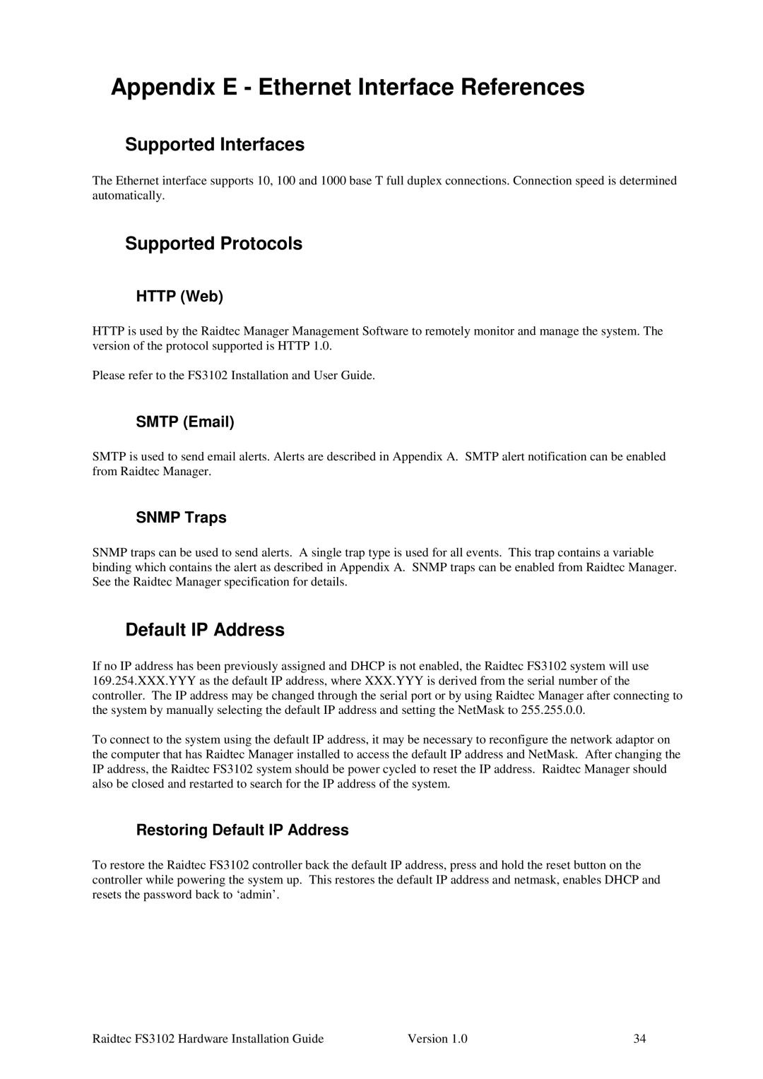 Plasmon FS3102 Appendix E Ethernet Interface References, Supported Interfaces, Supported Protocols, Default IP Address 