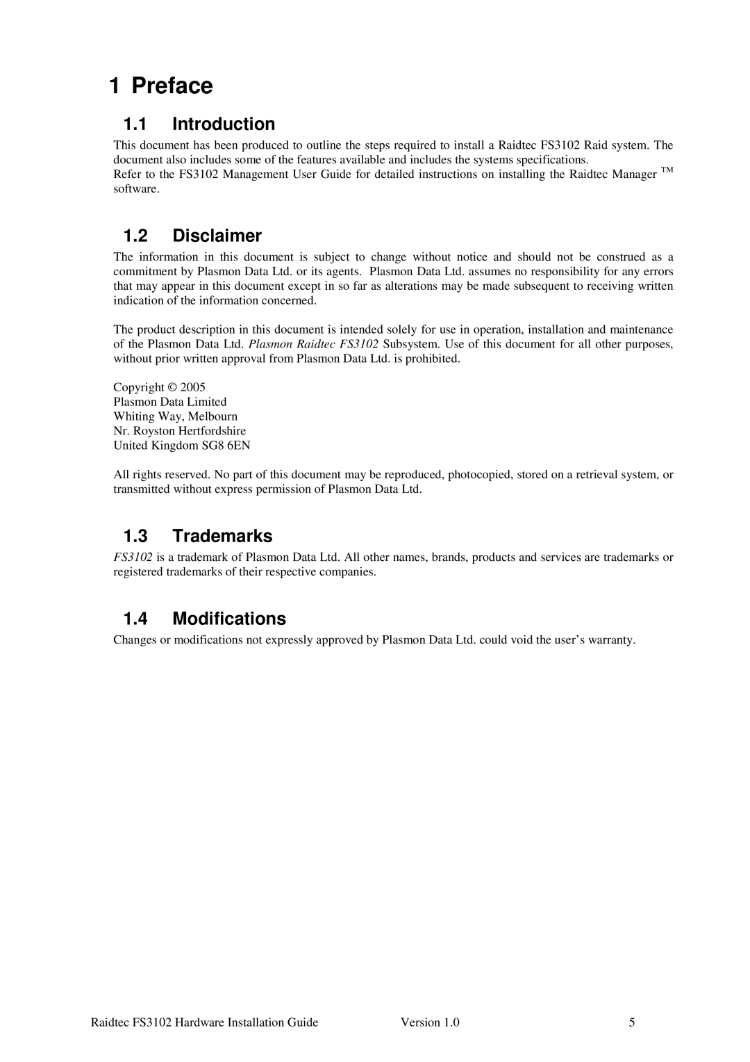 Plasmon FS3102 manual Preface, Introduction, Disclaimer, Trademarks Modifications 