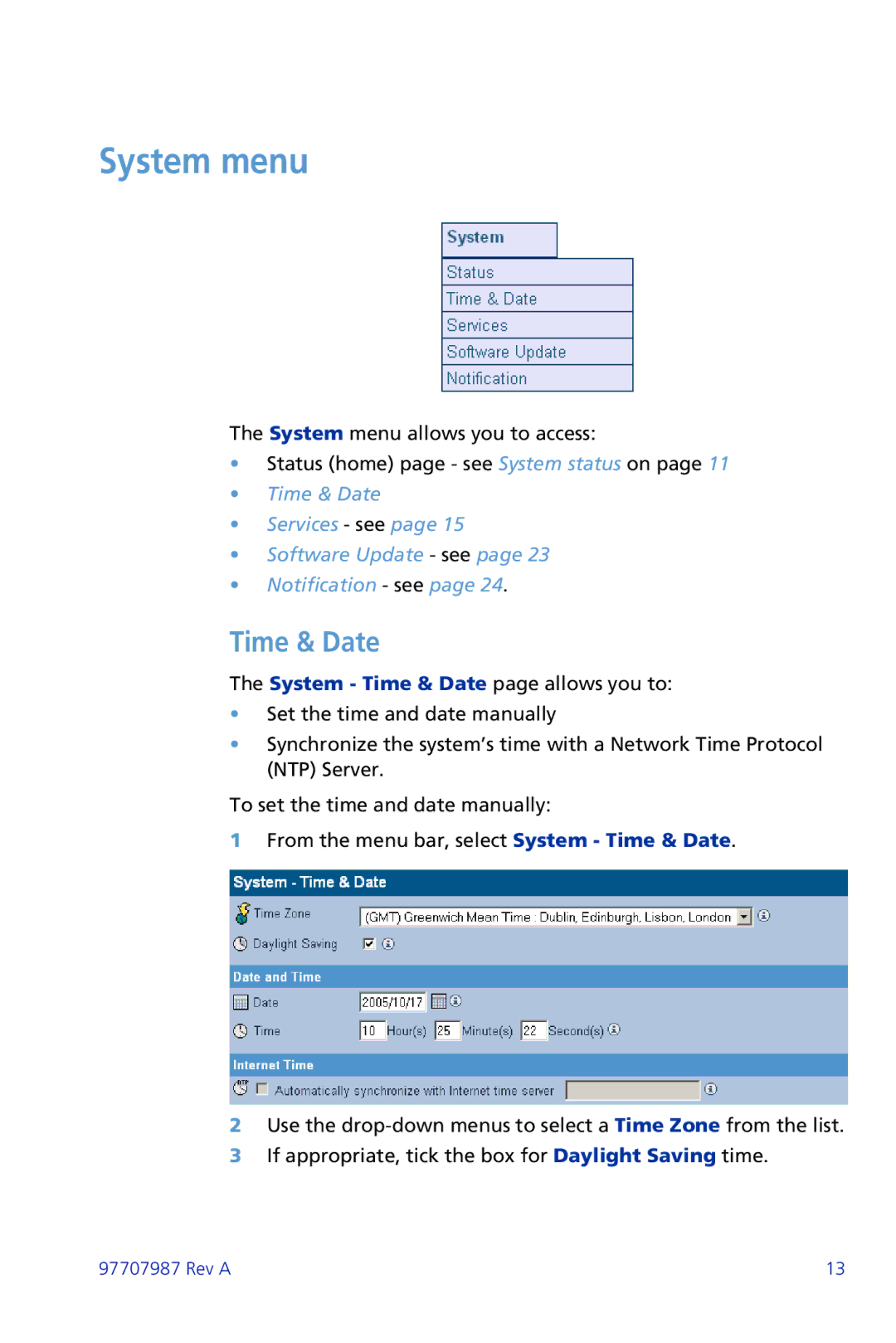 Plasmon ii 97707987 Rev A manual System menu, Time & Date 