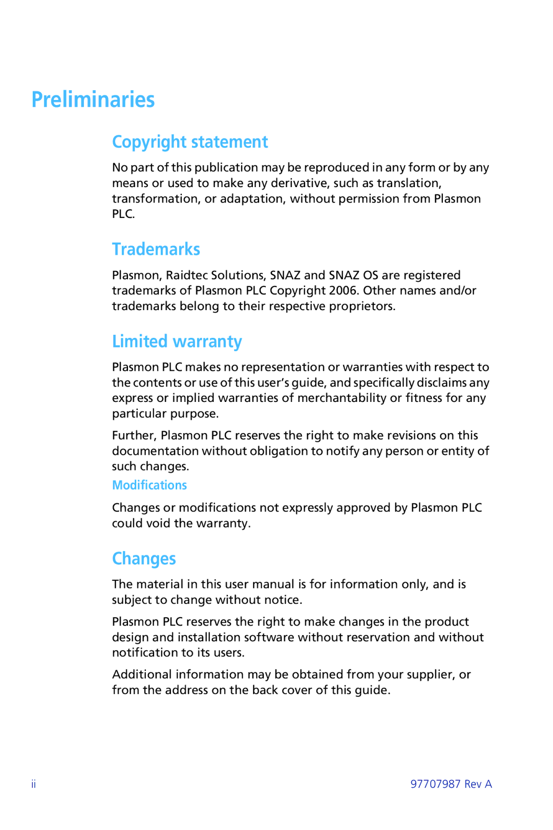 Plasmon ii 97707987 Rev A manual Preliminaries 