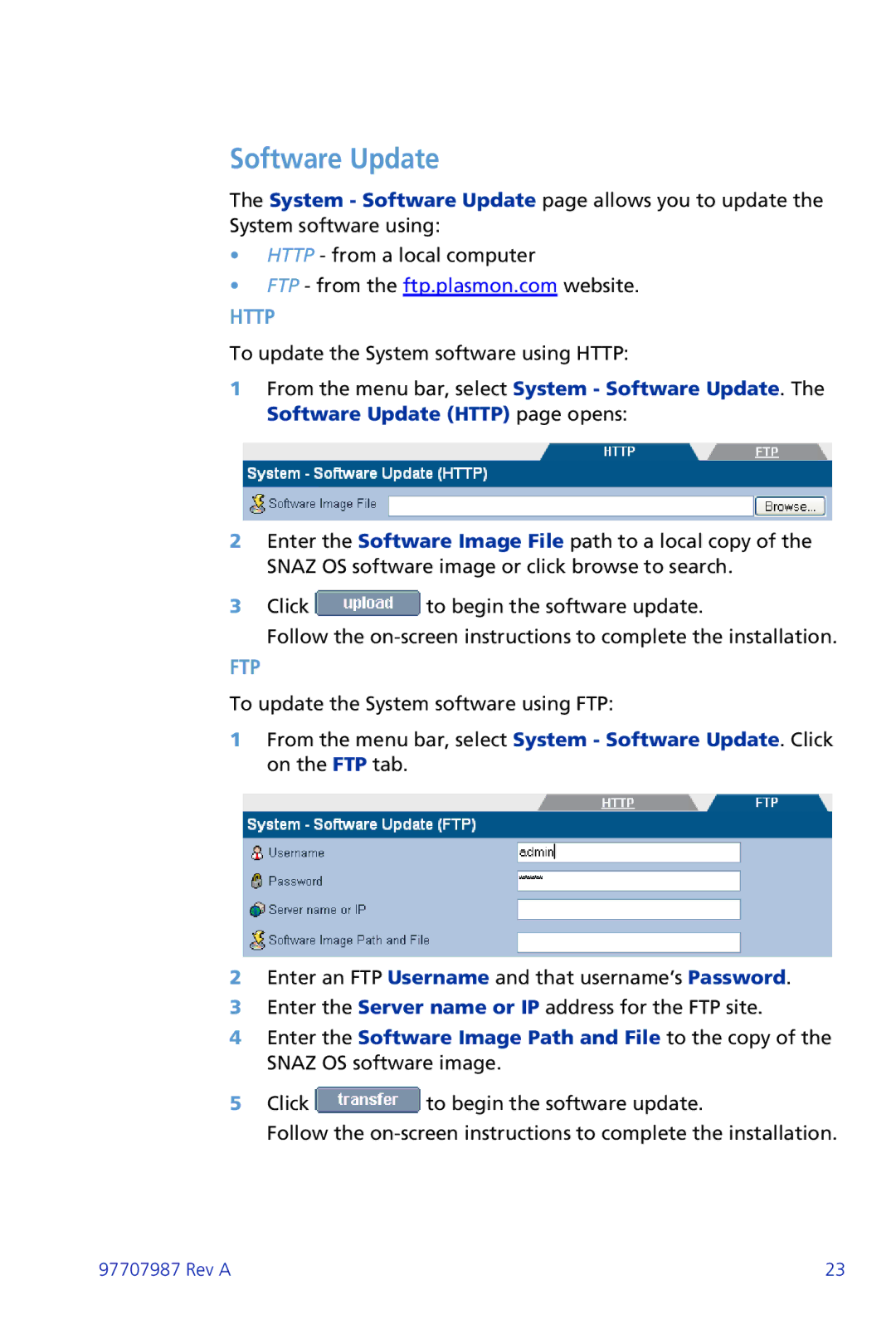 Plasmon ii 97707987 Rev A manual Software Update, Http 