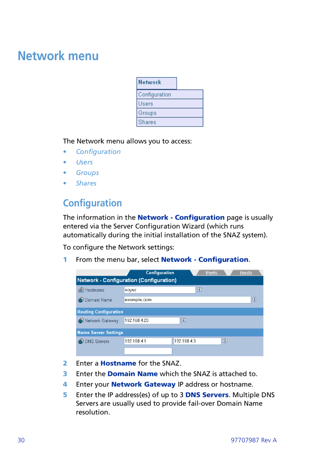 Plasmon ii 97707987 Rev A manual Network menu, Configuration 