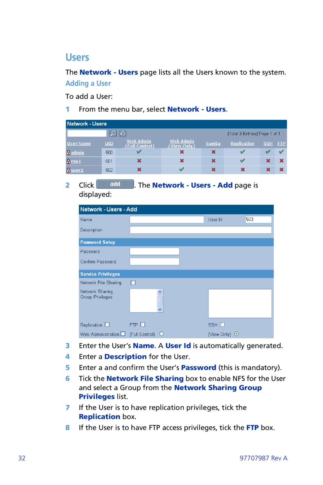 Plasmon ii 97707987 Rev A manual Adding a User, Click . The Network Users Add page is displayed 