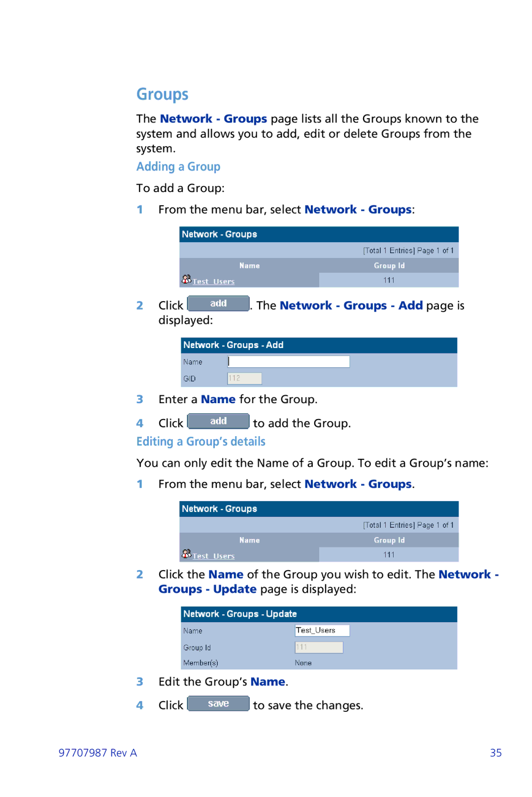 Plasmon ii 97707987 Rev A manual Groups, Adding a Group, Editing a Group’s details 