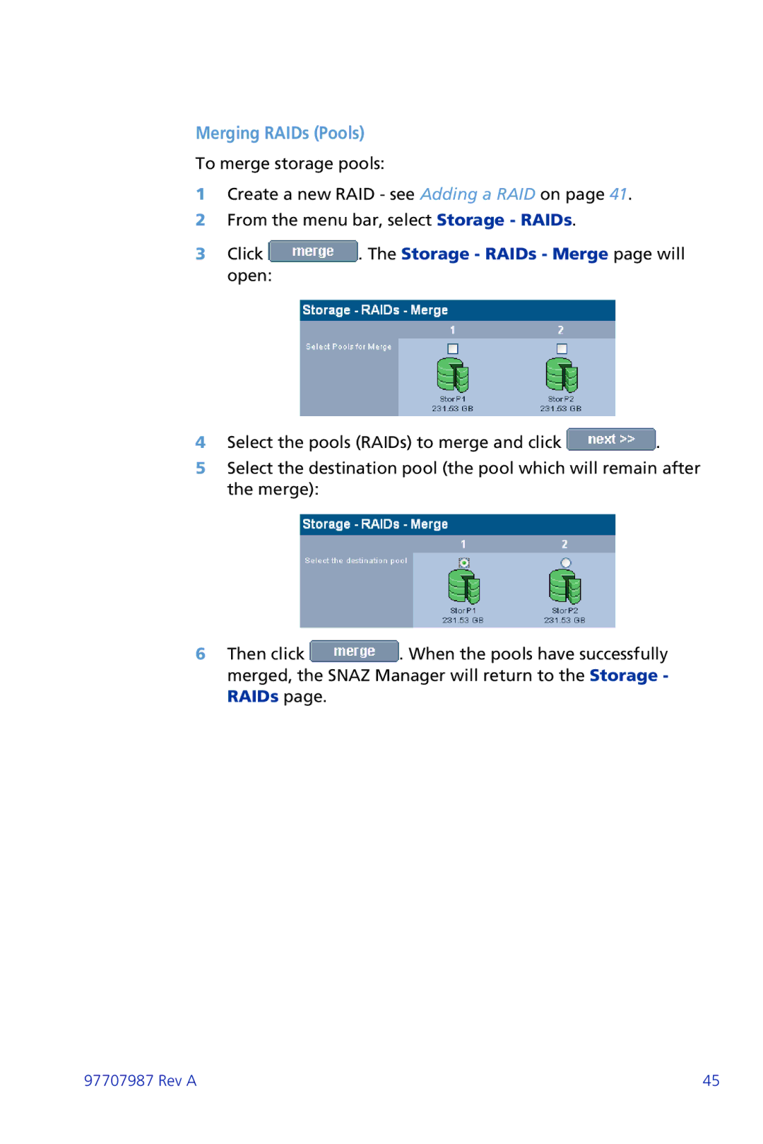 Plasmon ii 97707987 Rev A manual Merging RAIDs Pools, Click . The Storage RAIDs Merge page will open 