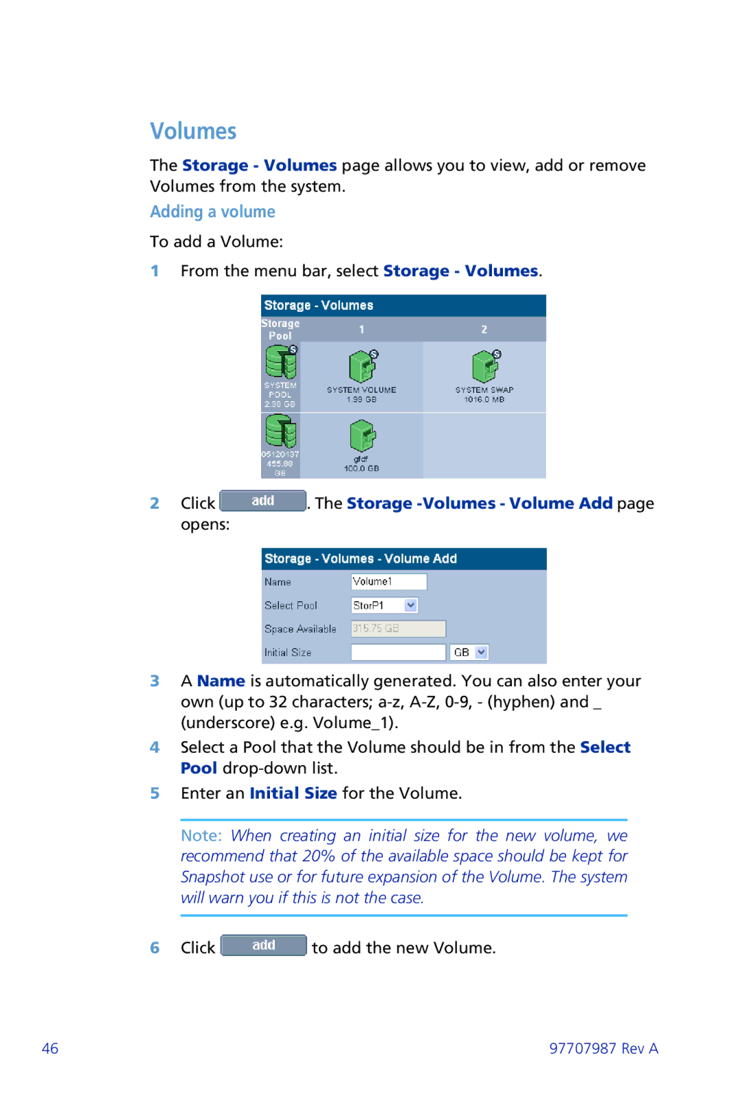 Plasmon ii 97707987 Rev A manual Adding a volume, Click . The Storage -Volumes Volume Add page opens 