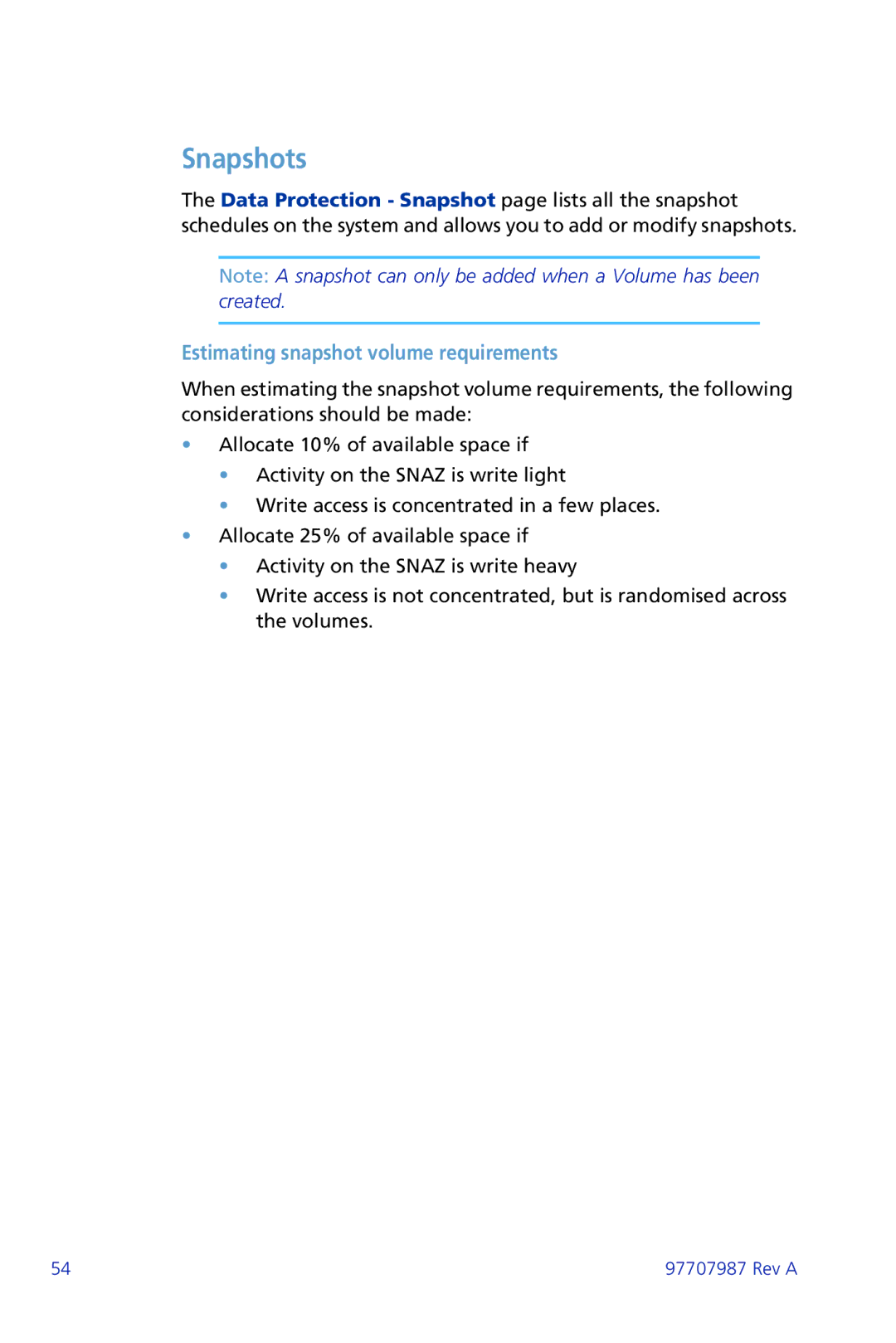 Plasmon ii 97707987 Rev A manual Snapshots, Estimating snapshot volume requirements 