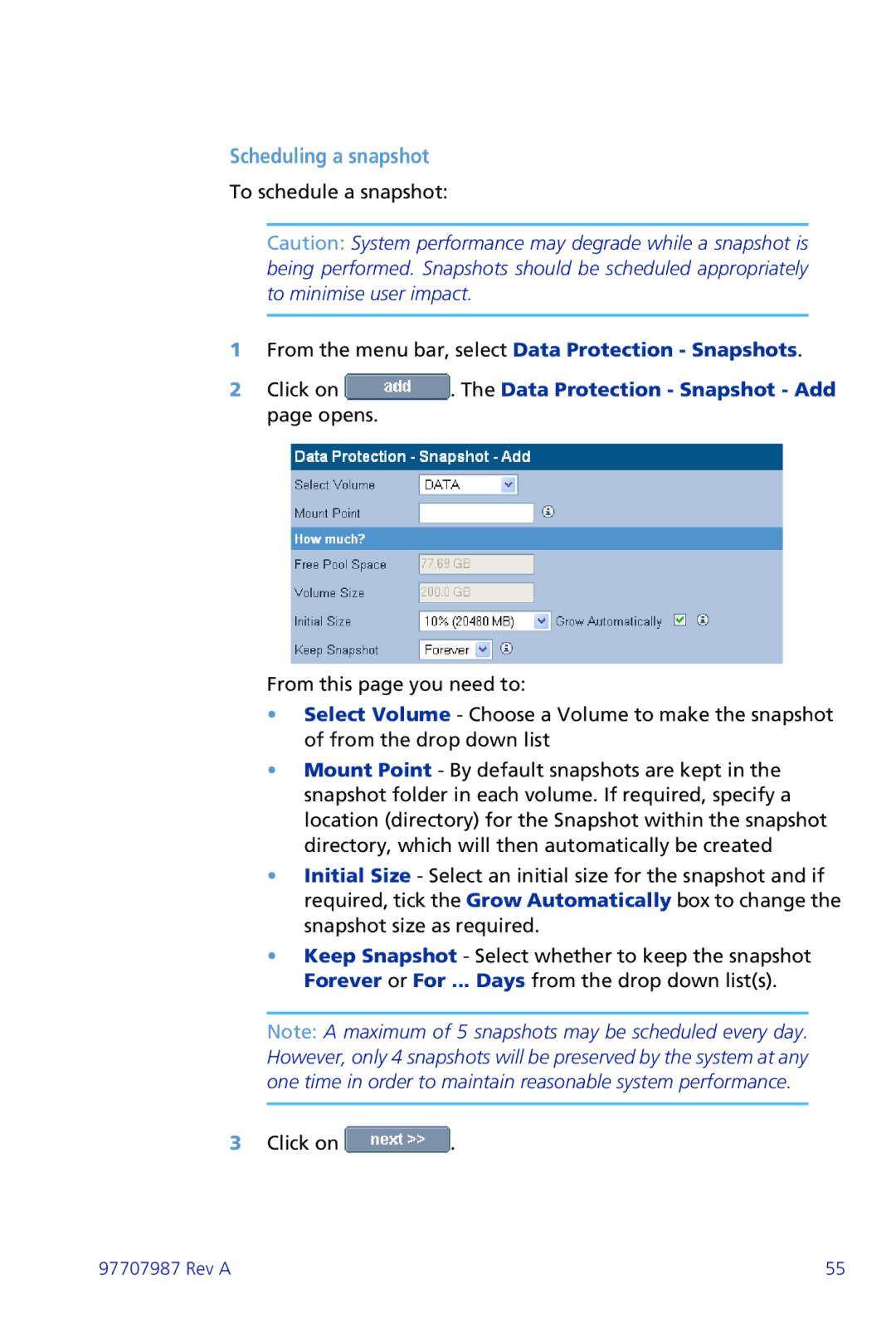 Plasmon ii 97707987 Rev A manual Scheduling a snapshot, Click on . The Data Protection Snapshot Add page opens 