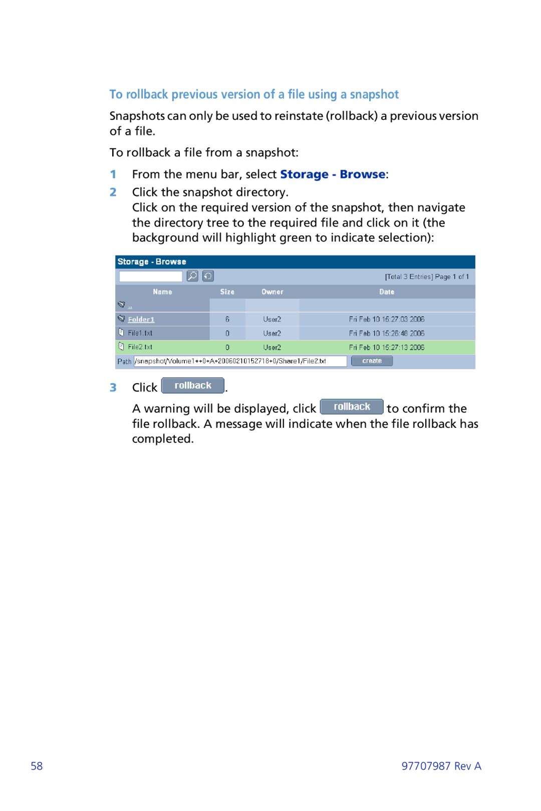 Plasmon ii 97707987 Rev A manual To rollback previous version of a file using a snapshot 