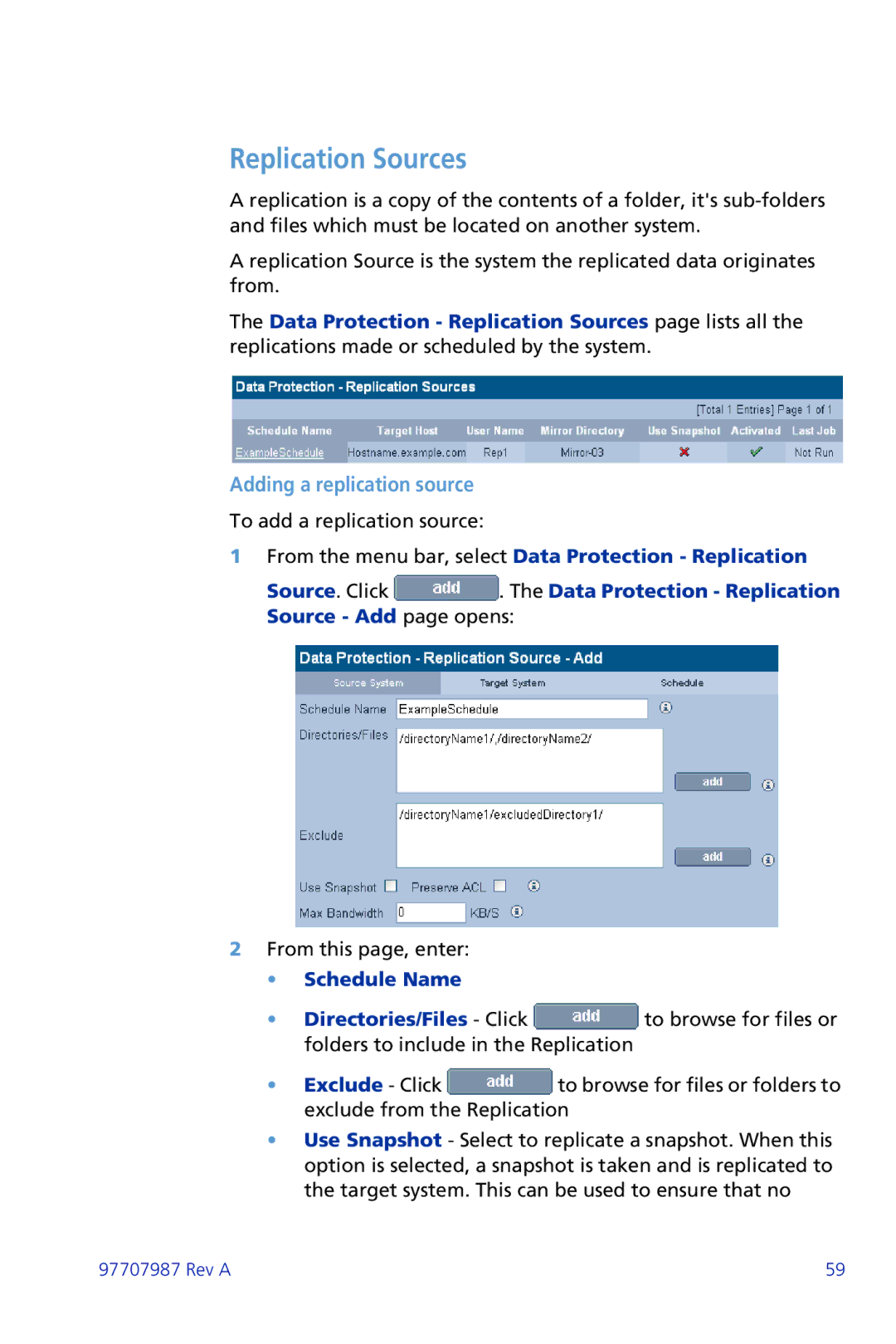 Plasmon ii 97707987 Rev A manual Replication Sources, Adding a replication source, Schedule Name 