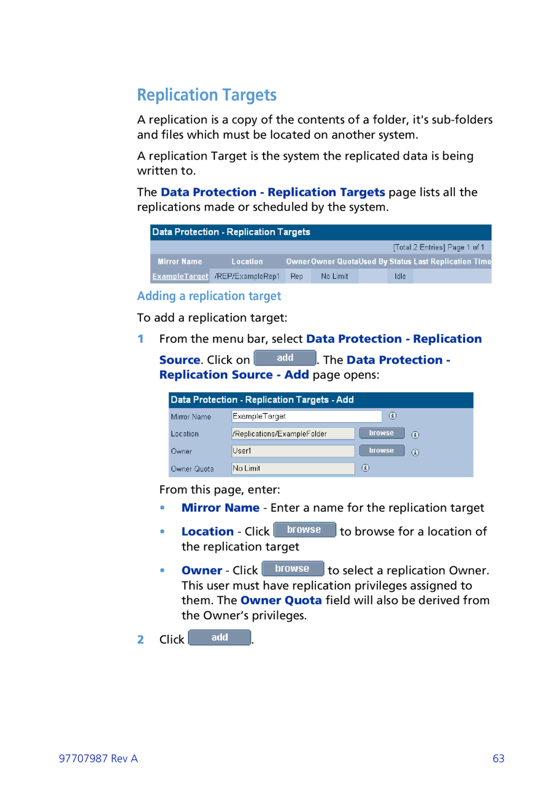 Plasmon ii 97707987 Rev A manual Replication Targets, Adding a replication target 