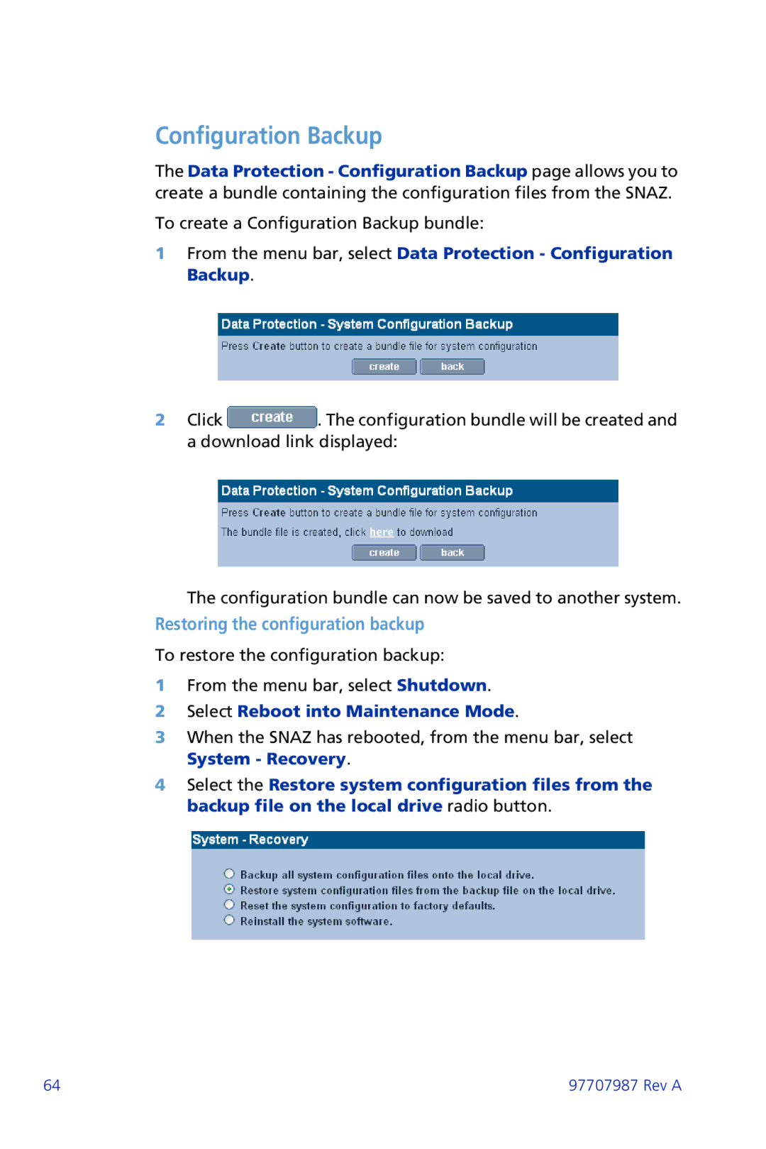 Plasmon ii 97707987 Rev A manual Configuration Backup, Restoring the configuration backup 