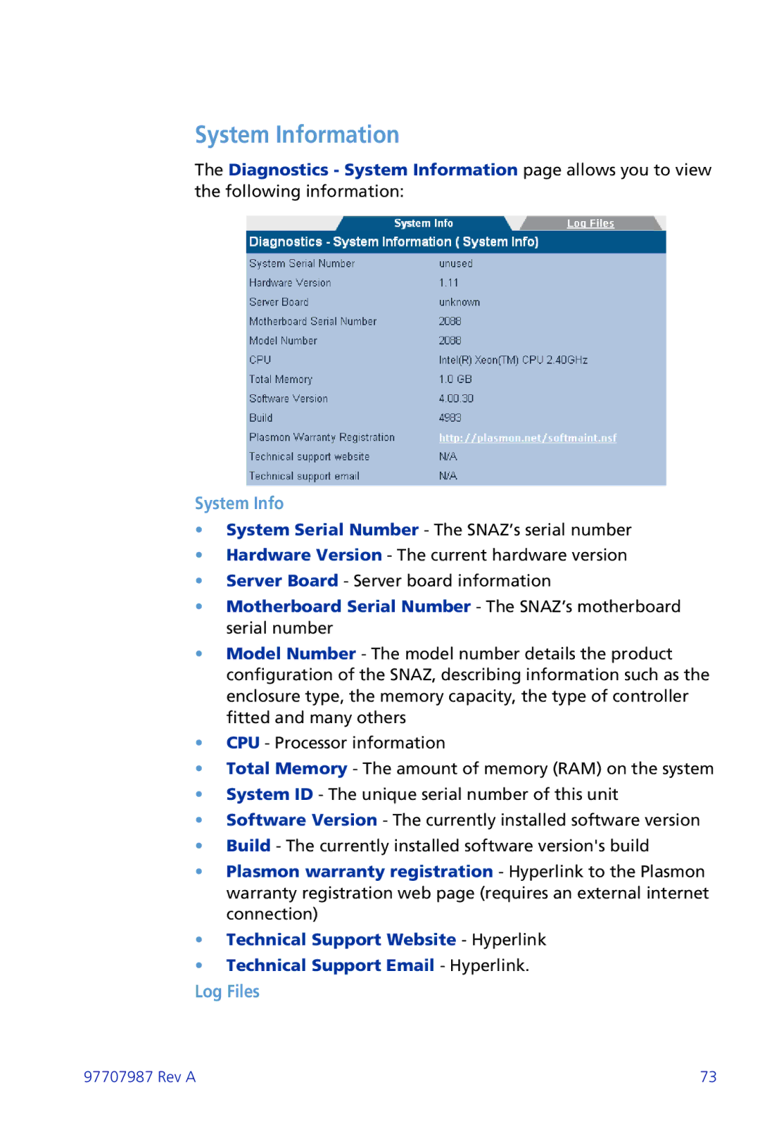 Plasmon ii 97707987 Rev A manual Log Files, Diagnostics System Information page allows you to view 