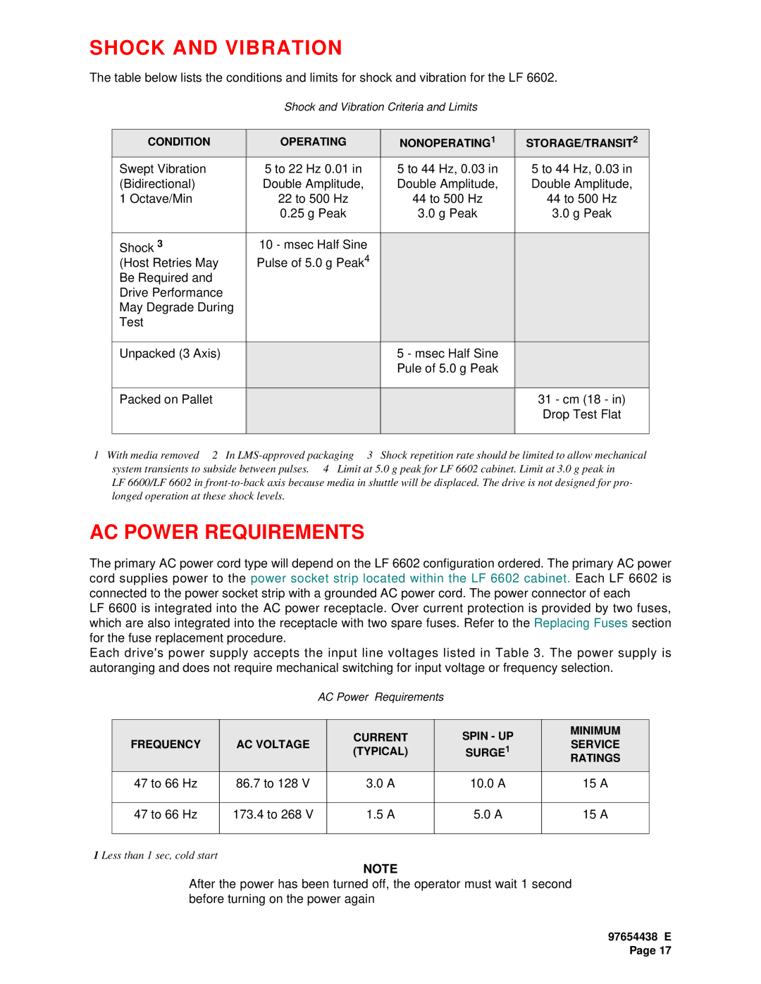 Plasmon LF 6602 user manual Shock and Vibration, AC Power Requirements 