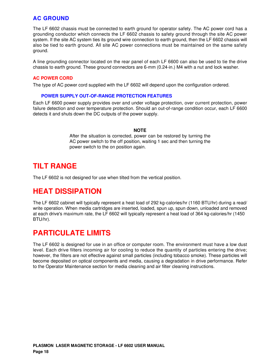 Plasmon LF 6602 user manual Tilt Range, Heat Dissipation, Particulate Limits, AC Ground, AC Power Cord 