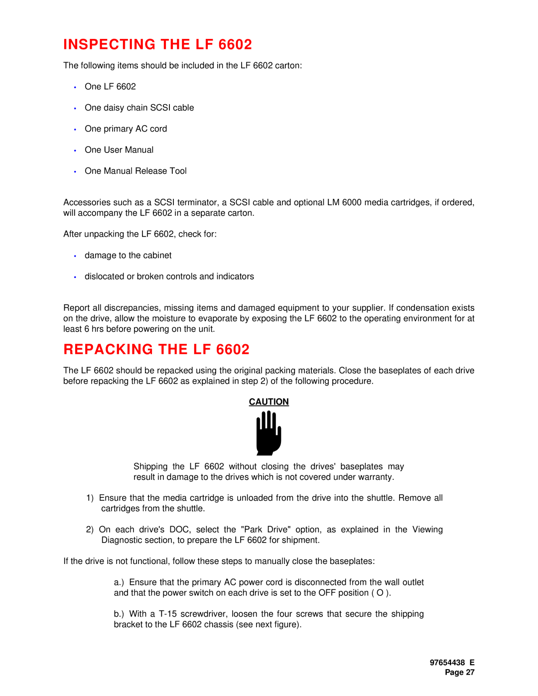 Plasmon LF 6602 user manual Inspecting the LF, Repacking the LF 