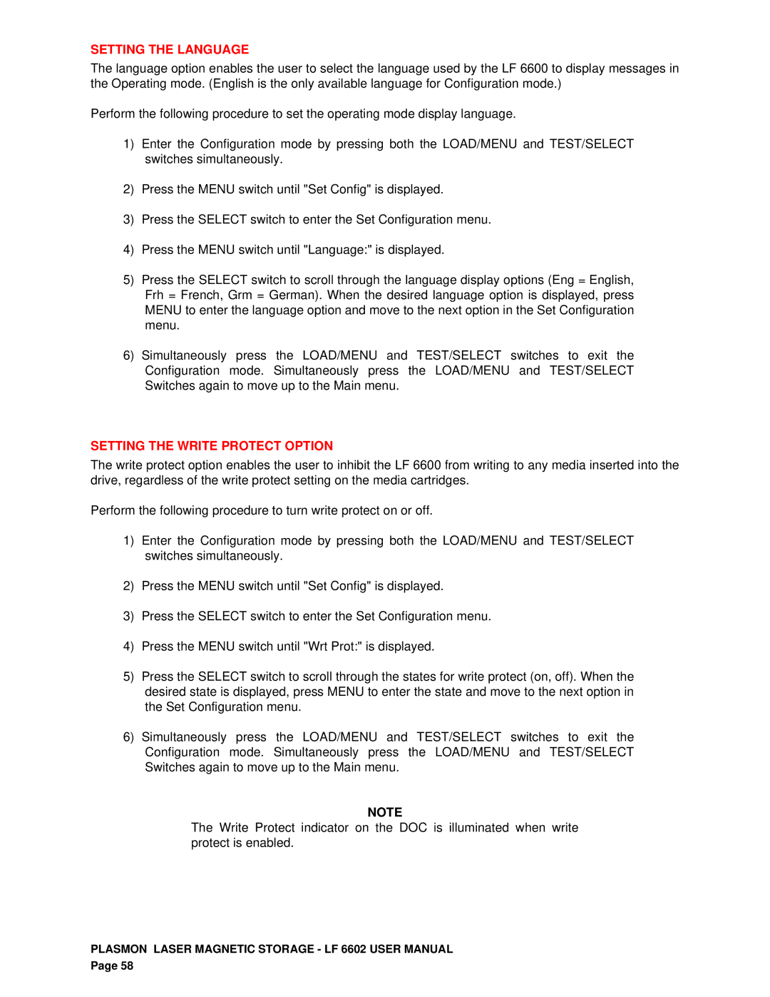 Plasmon LF 6602 user manual Setting the Language, Setting the Write Protect Option 