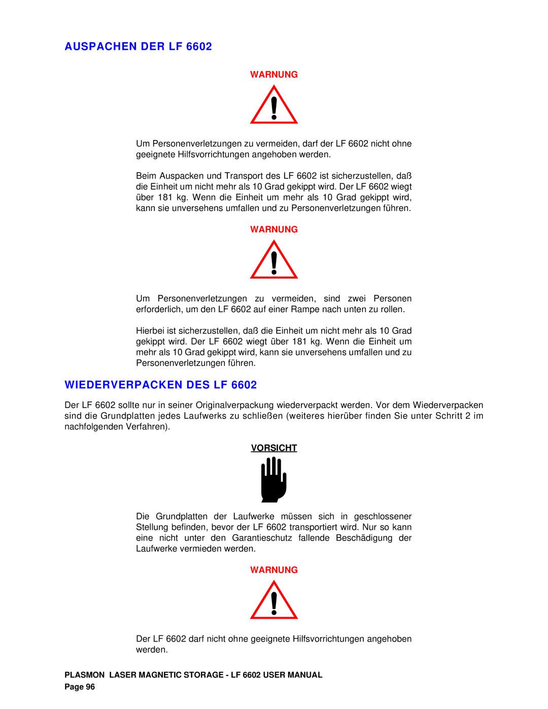 Plasmon LF 6602 user manual Auspachen DER LF, Wiederverpacken DES LF, Warnung 