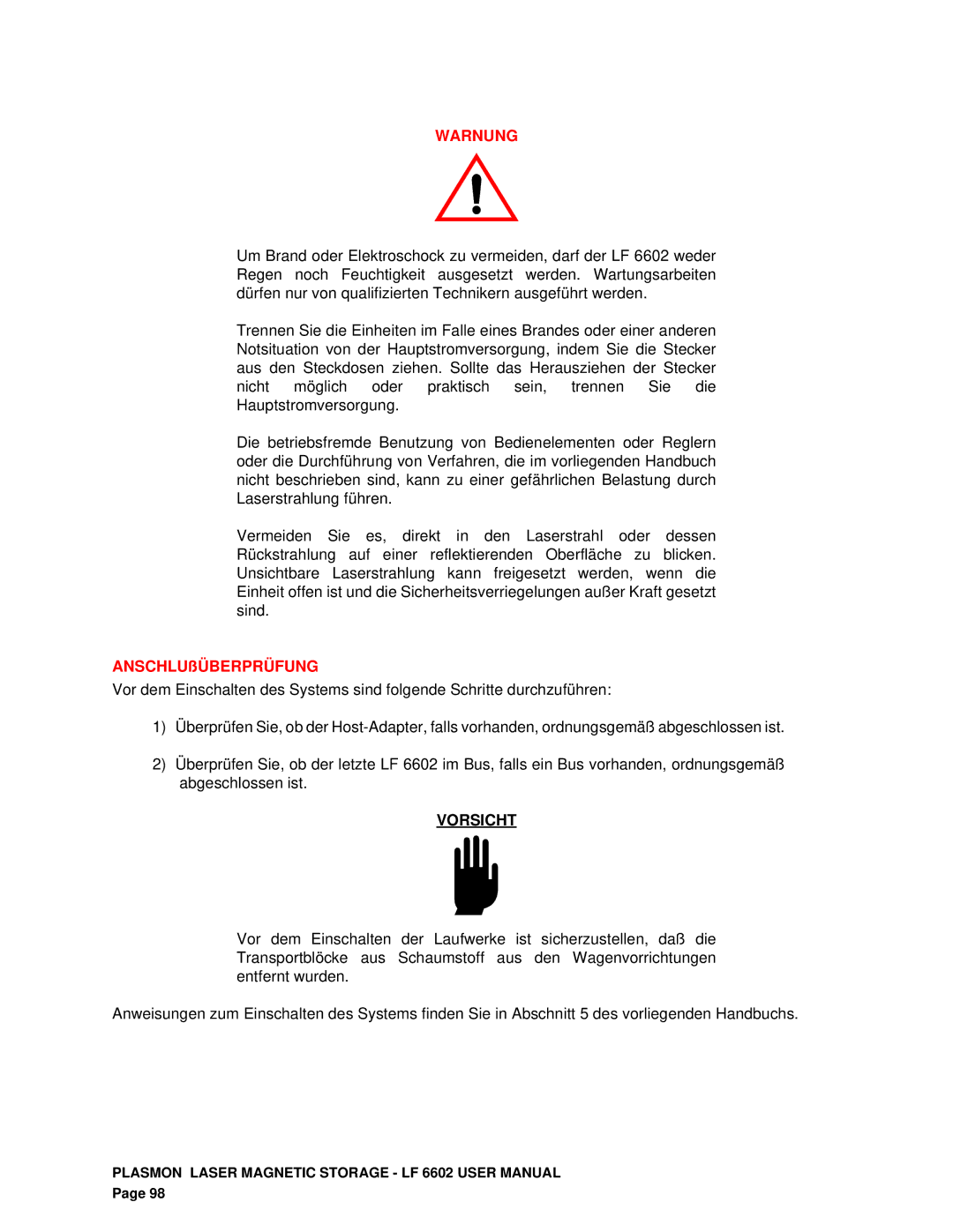 Plasmon LF 6602 user manual ANSCHLUßÜBERPRÜFUNG 