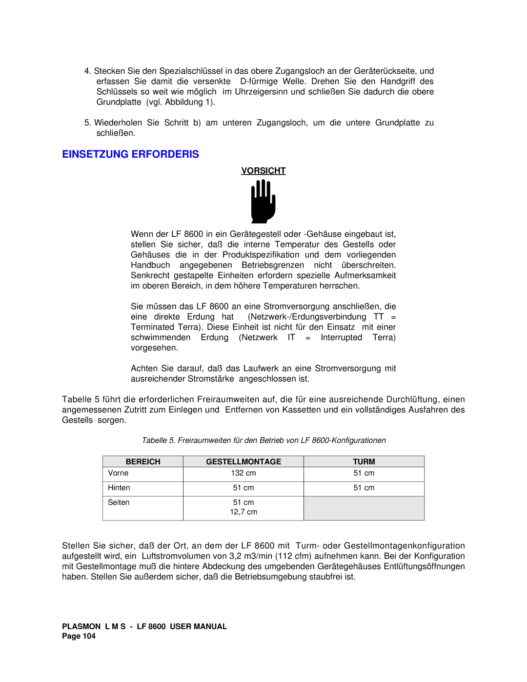 Plasmon LF 8600 user manual Einsetzung Erforderis 