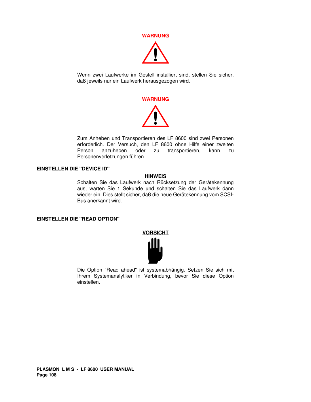 Plasmon LF 8600 user manual Einstellen DIE Device ID Hinweis 