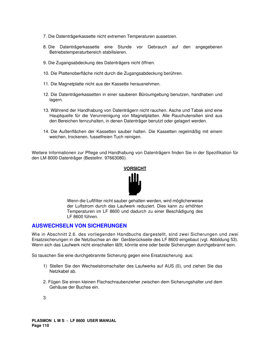 Plasmon LF 8600 user manual Auswechseln VON Sicherungen 