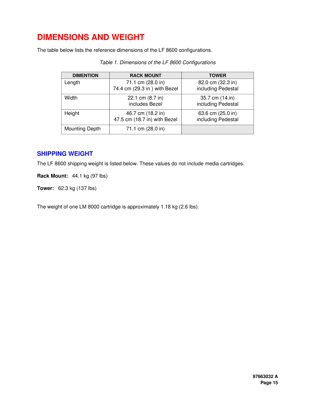 Plasmon LF 8600 user manual Dimensions and Weight, Shipping Weight 