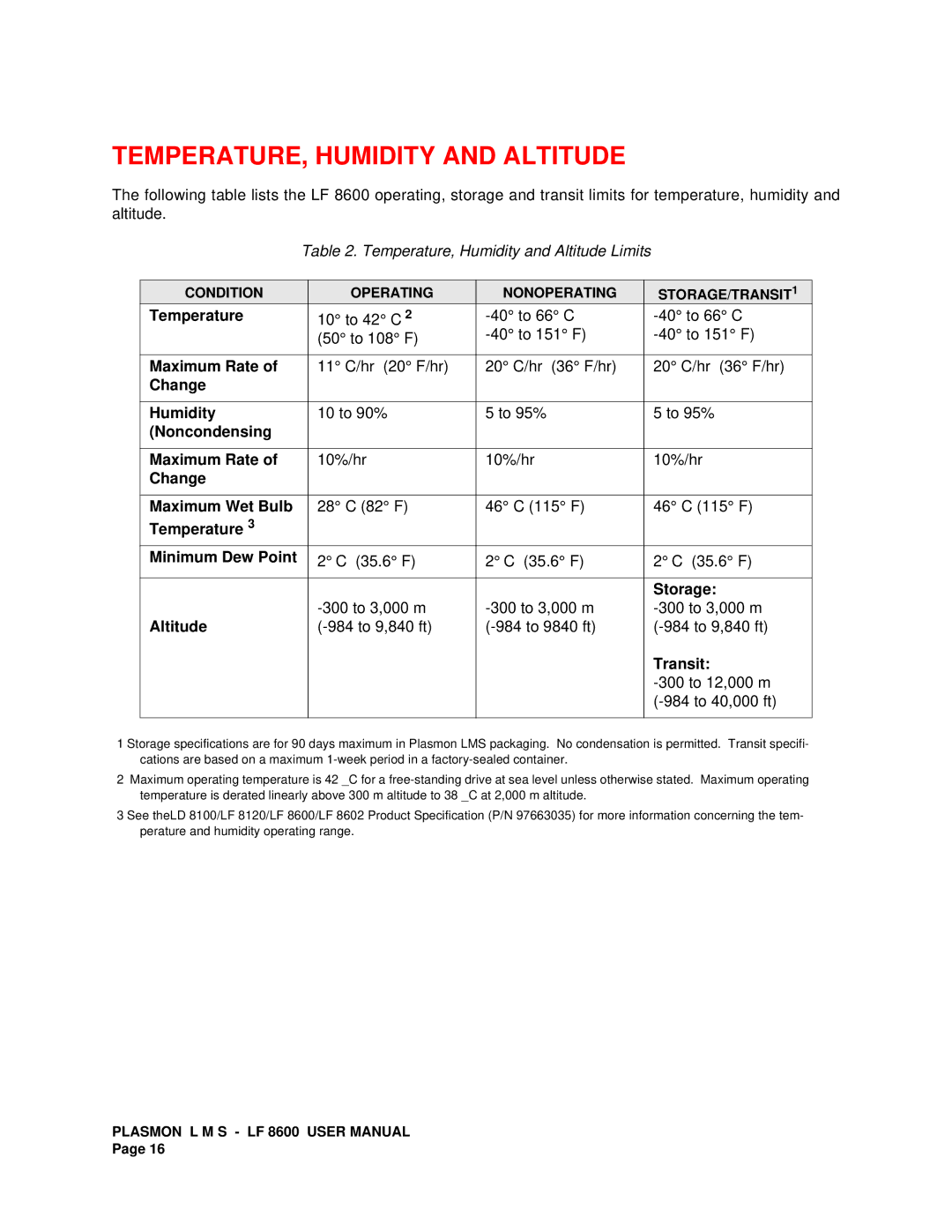 Plasmon LF 8600 user manual TEMPERATURE, Humidity and Altitude, Transit 