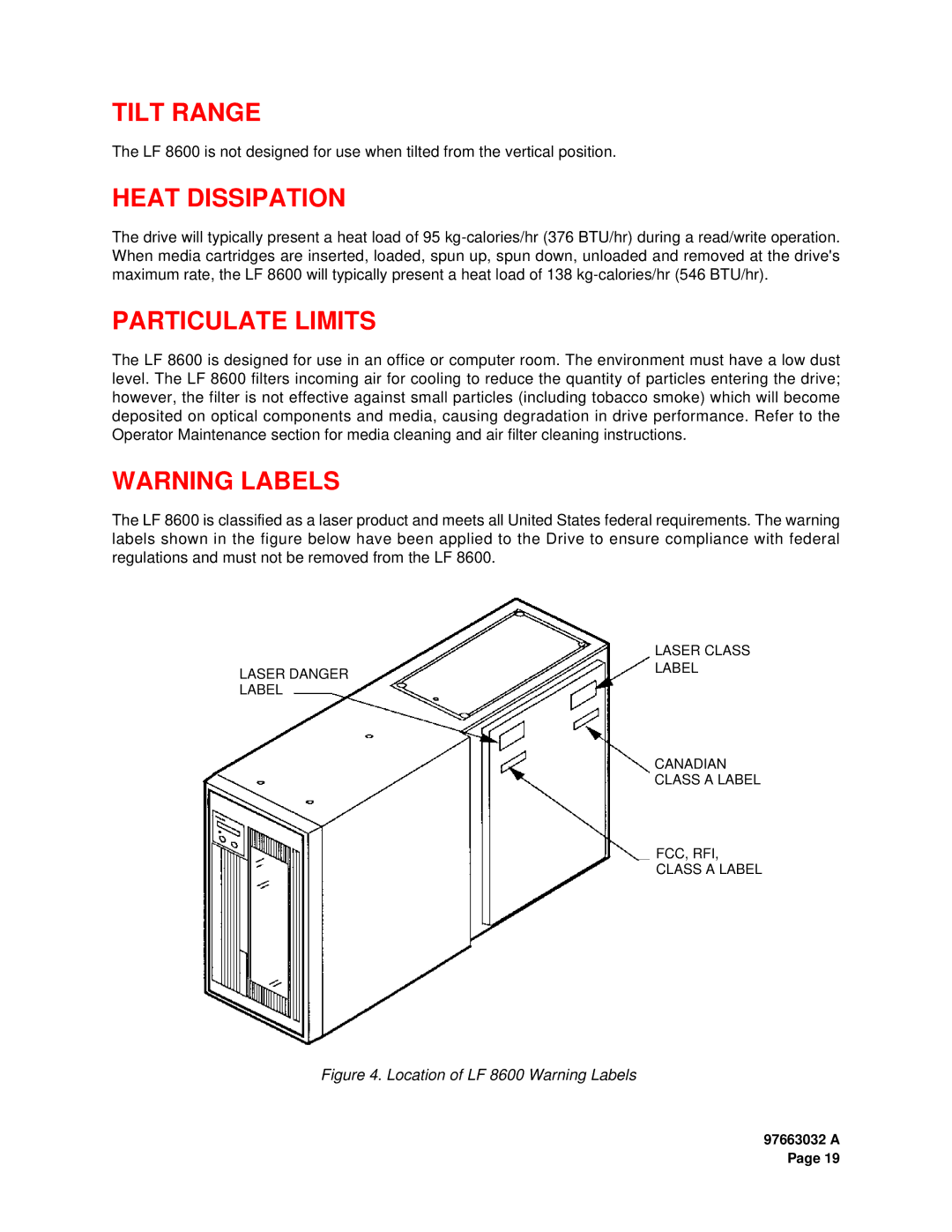 Plasmon LF 8600 user manual Tilt Range, Heat Dissipation, Particulate Limits 