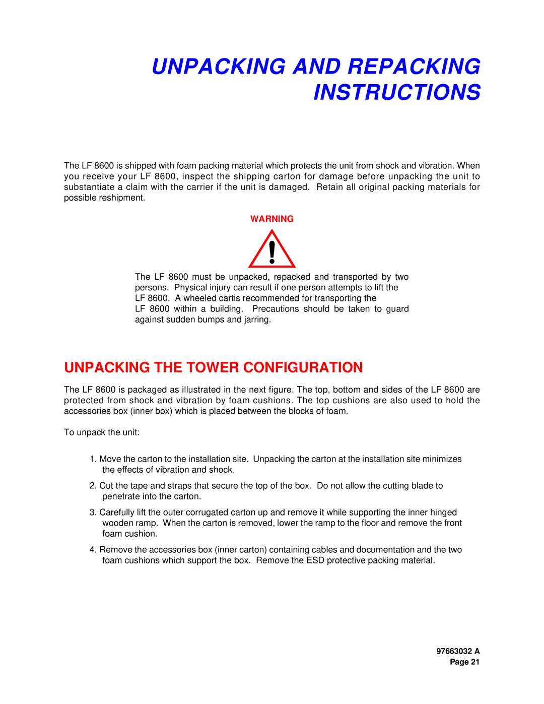 Plasmon LF 8600 user manual Unpacking and Repacking Instructions, Unpacking the Tower Configuration 