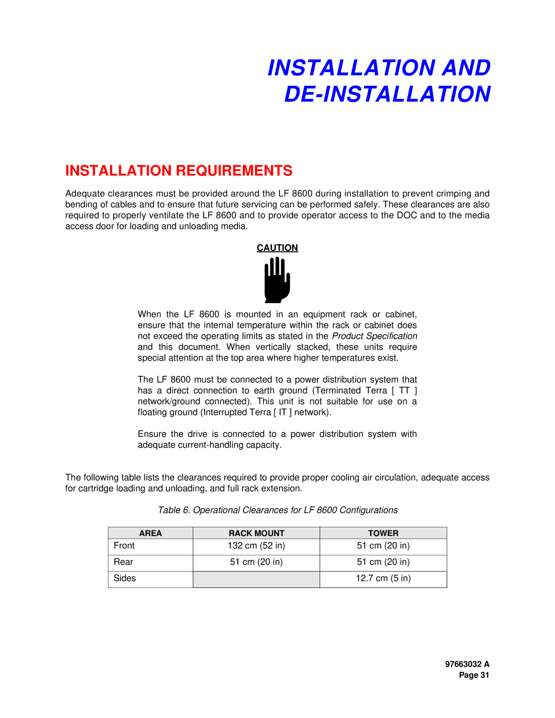 Plasmon LF 8600 user manual Installation DE-INSTALLATION, Installation Requirements 