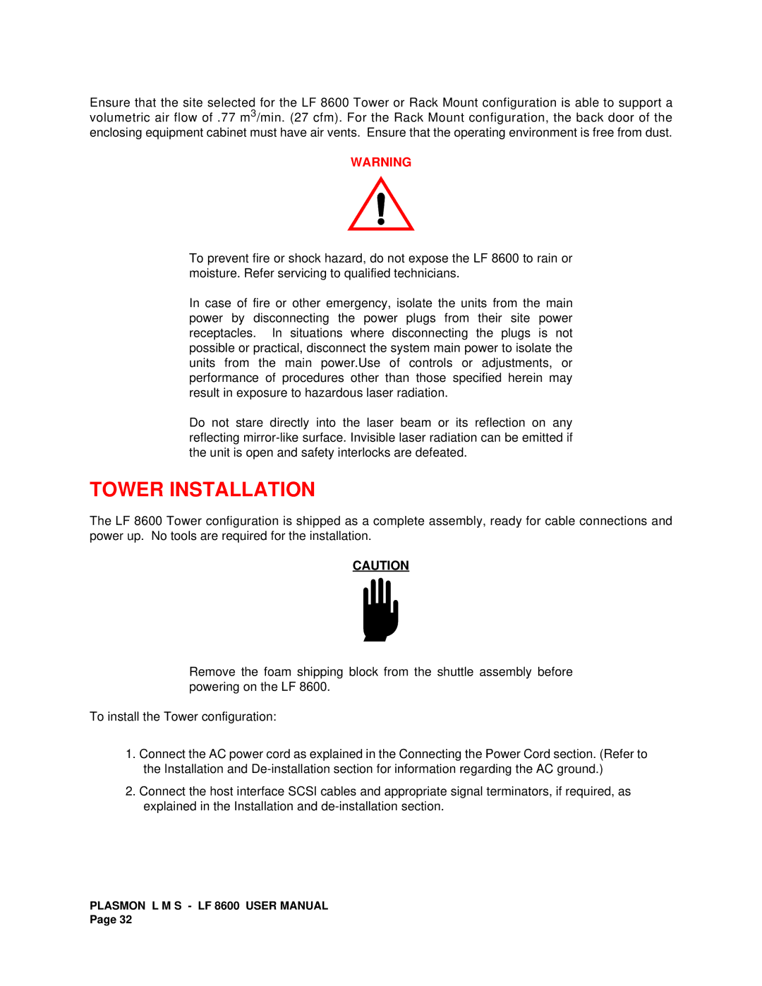 Plasmon LF 8600 user manual Tower Installation 