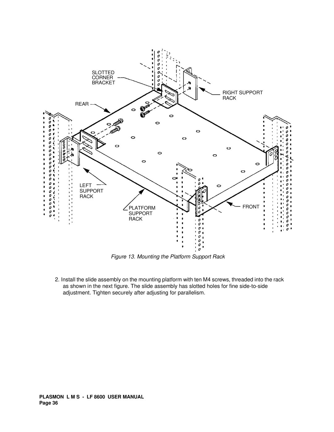 Plasmon LF 8600 user manual Mounting the Platform Support Rack 