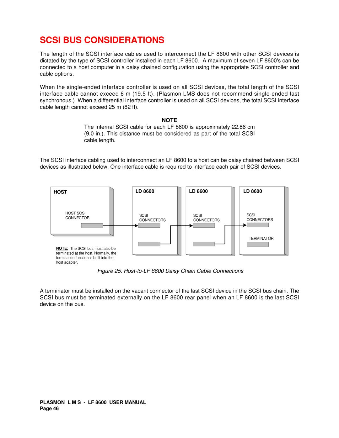 Plasmon user manual Scsi BUS Considerations, Host-to-LF 8600 Daisy Chain Cable Connections 