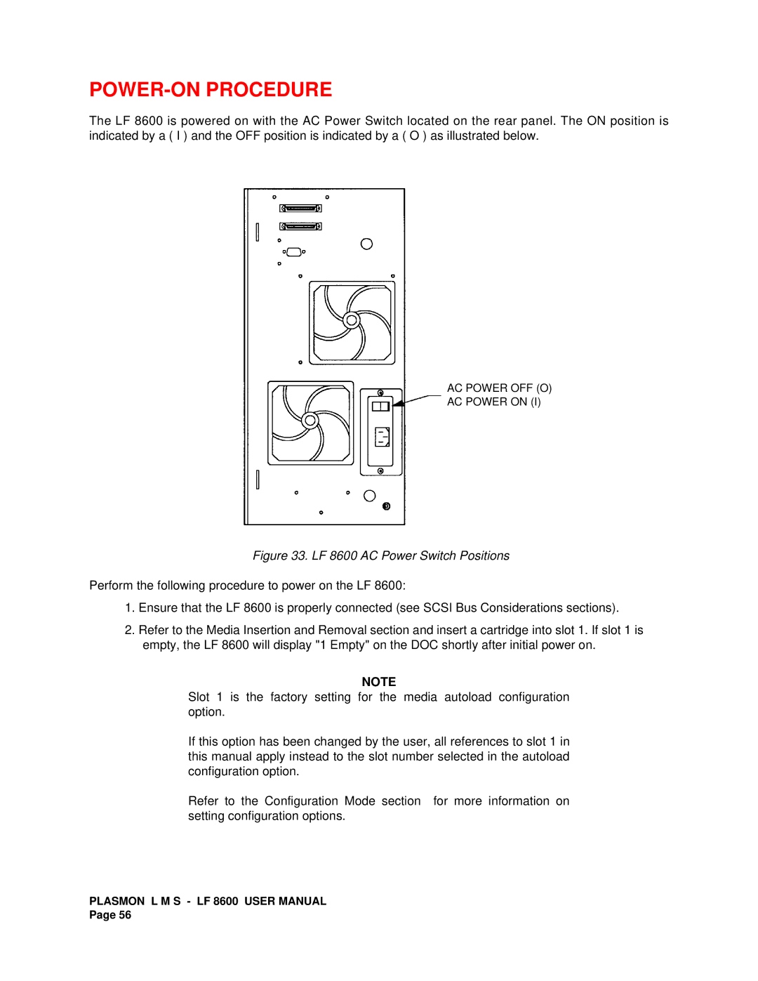 Plasmon user manual POWER-ON Procedure, LF 8600 AC Power Switch Positions 