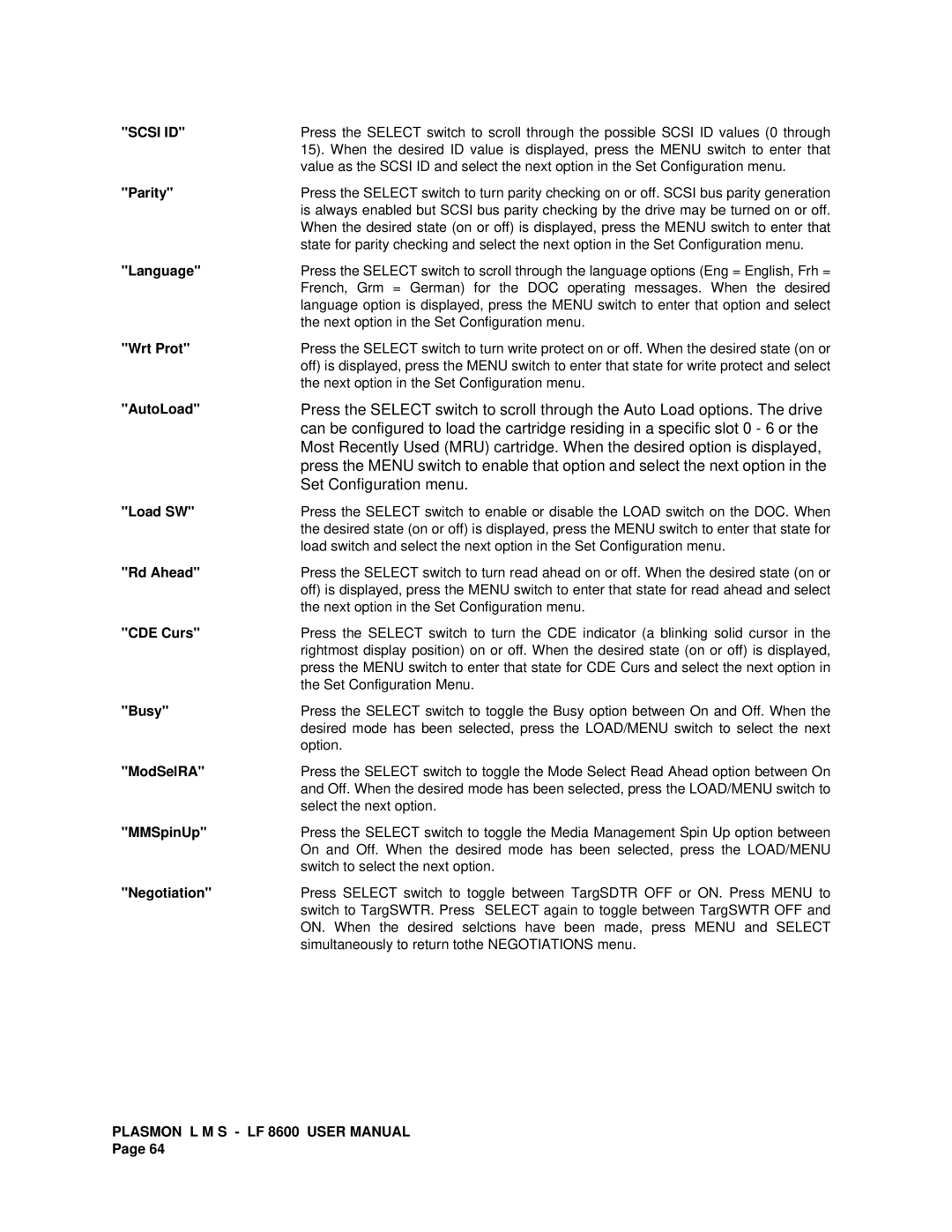 Plasmon LF 8600 user manual Set Configuration menu 