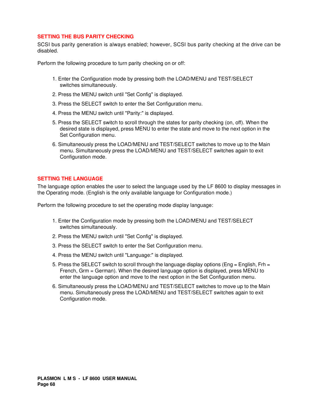 Plasmon LF 8600 user manual Setting the BUS Parity Checking, Setting the Language 