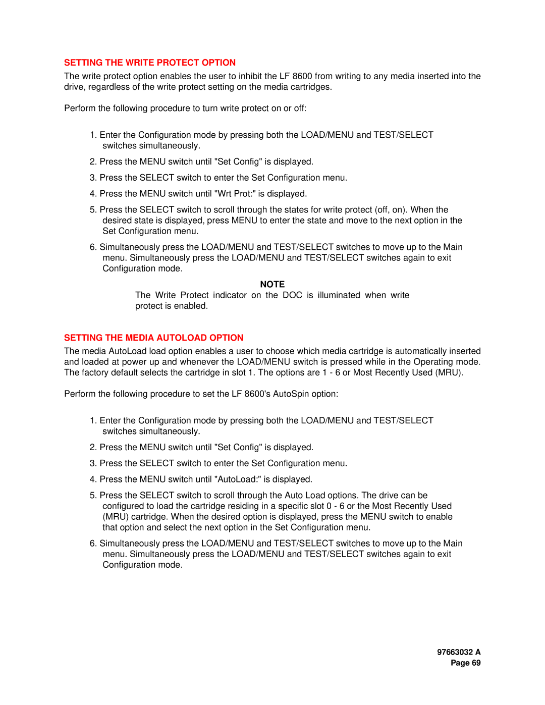 Plasmon LF 8600 user manual Setting the Write Protect Option, Setting the Media Autoload Option 